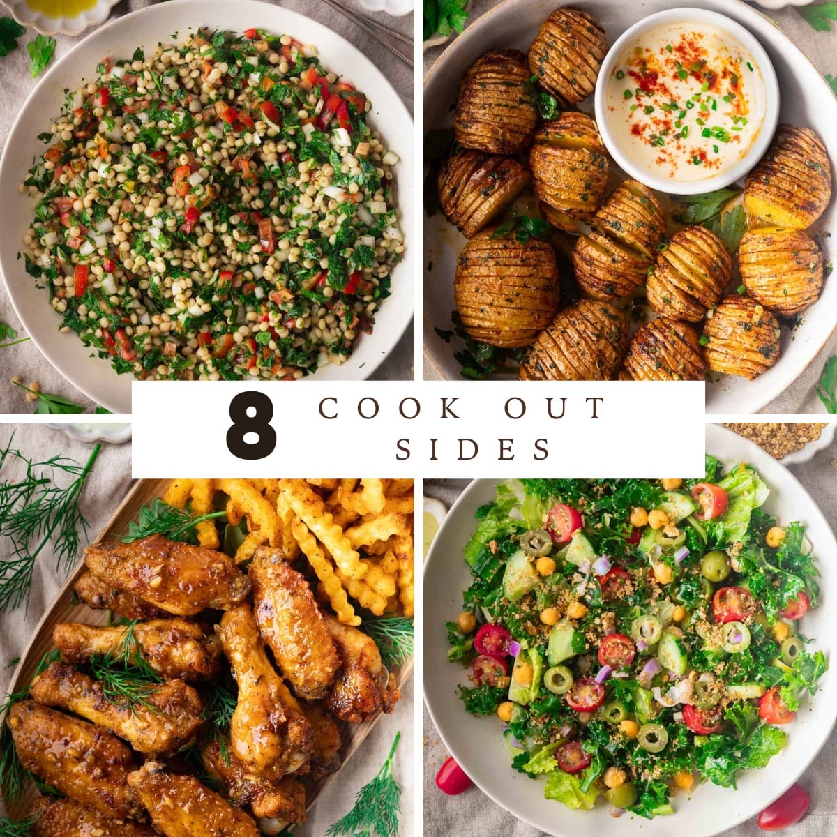 Collage of four cookout sides: tabbouleh, hasselback potatoes with dip, chicken wings with fries, and salad.