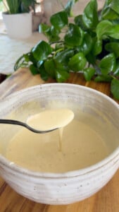 Creamy sauce in ceramic bowl with spoon.