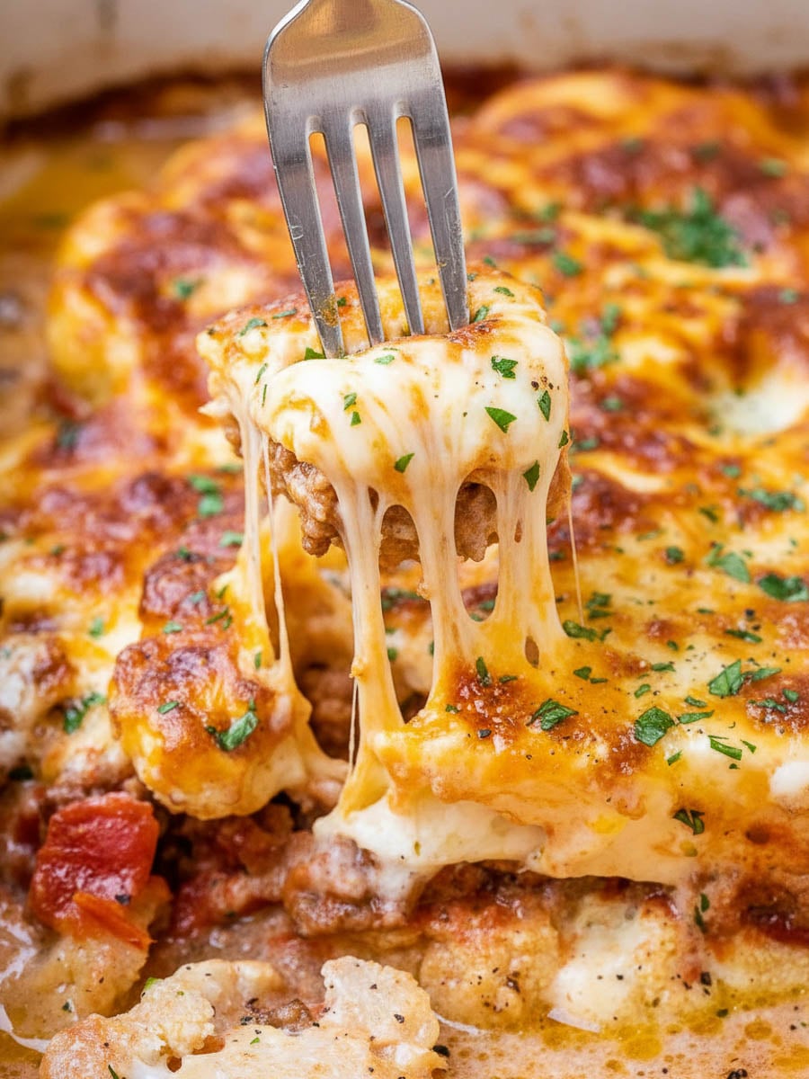 Fork lifting cheesy cauliflower and chicken sausage with melted cheese and parsley garnish.