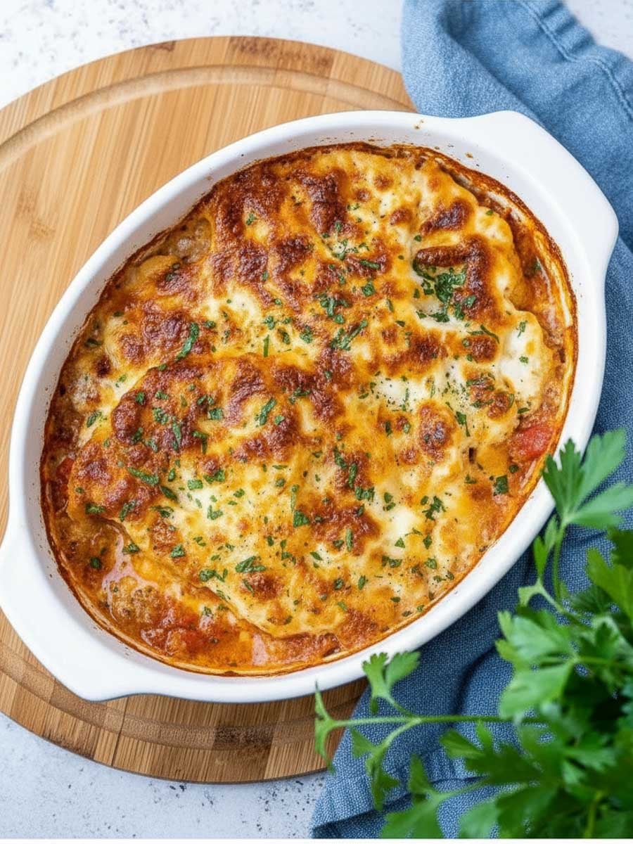 Cauliflower and chicken sausage in a white dish on a wooden board, topped with melted cheese and herbs, next to a blue cloth.