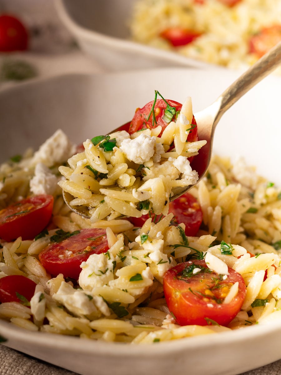 Tomato and feta orzo salad with cherry tomatoes, feta cheese, and fresh herbs in a bowl with fork.
