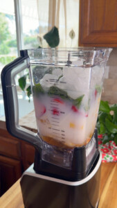 Blender filled with fruit, ice, and coconut milk on kitchen counter.