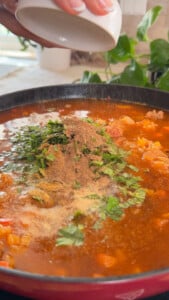 Adding spices and herbs to a simmering pot.