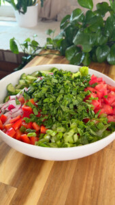 Fresh chopped vegetable salad with tomatoes, cucumbers, radishes, peppers, and herbs in a white bowl.