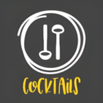 Logo with two cocktail stirrers in a circle and the word Cocktails in yellow on a dark background.