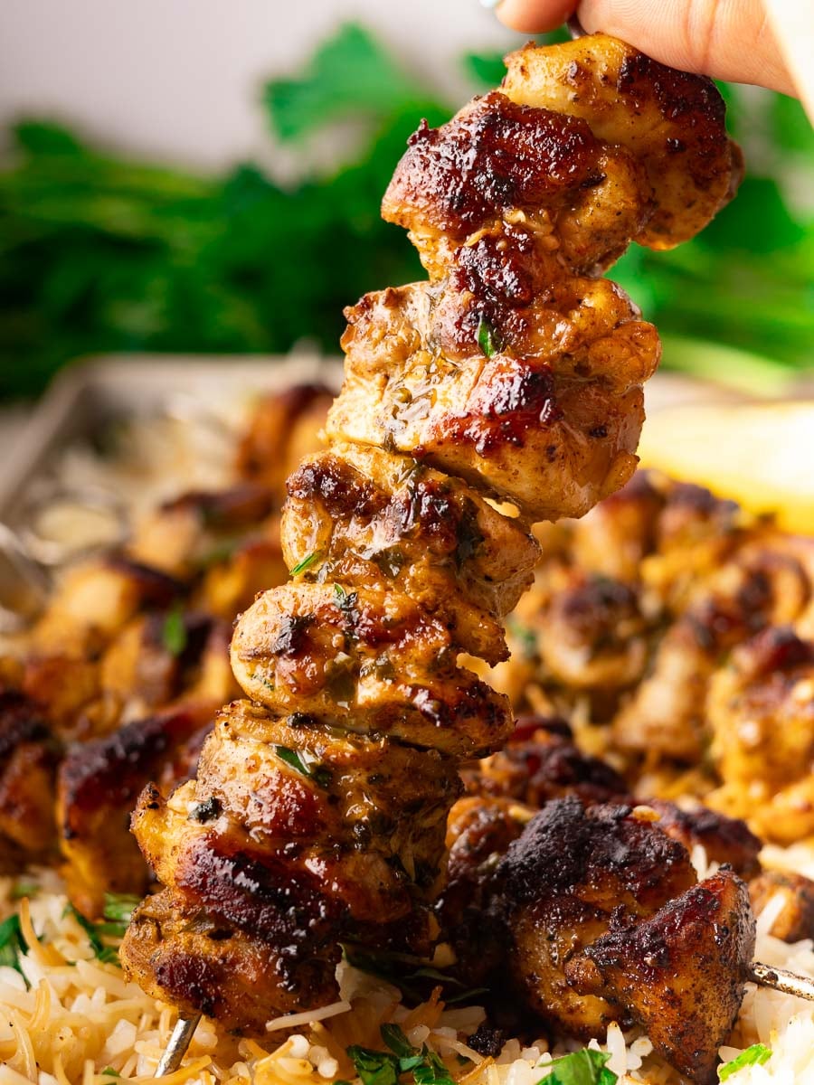 Grilled chicken pinchos morunos on a skewer with spices and herbs on a bed of rice garnished with parsley.
