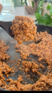 Cooking seasoned ground meat in a skillet, held on a wooden spoon, with green plants in the background.