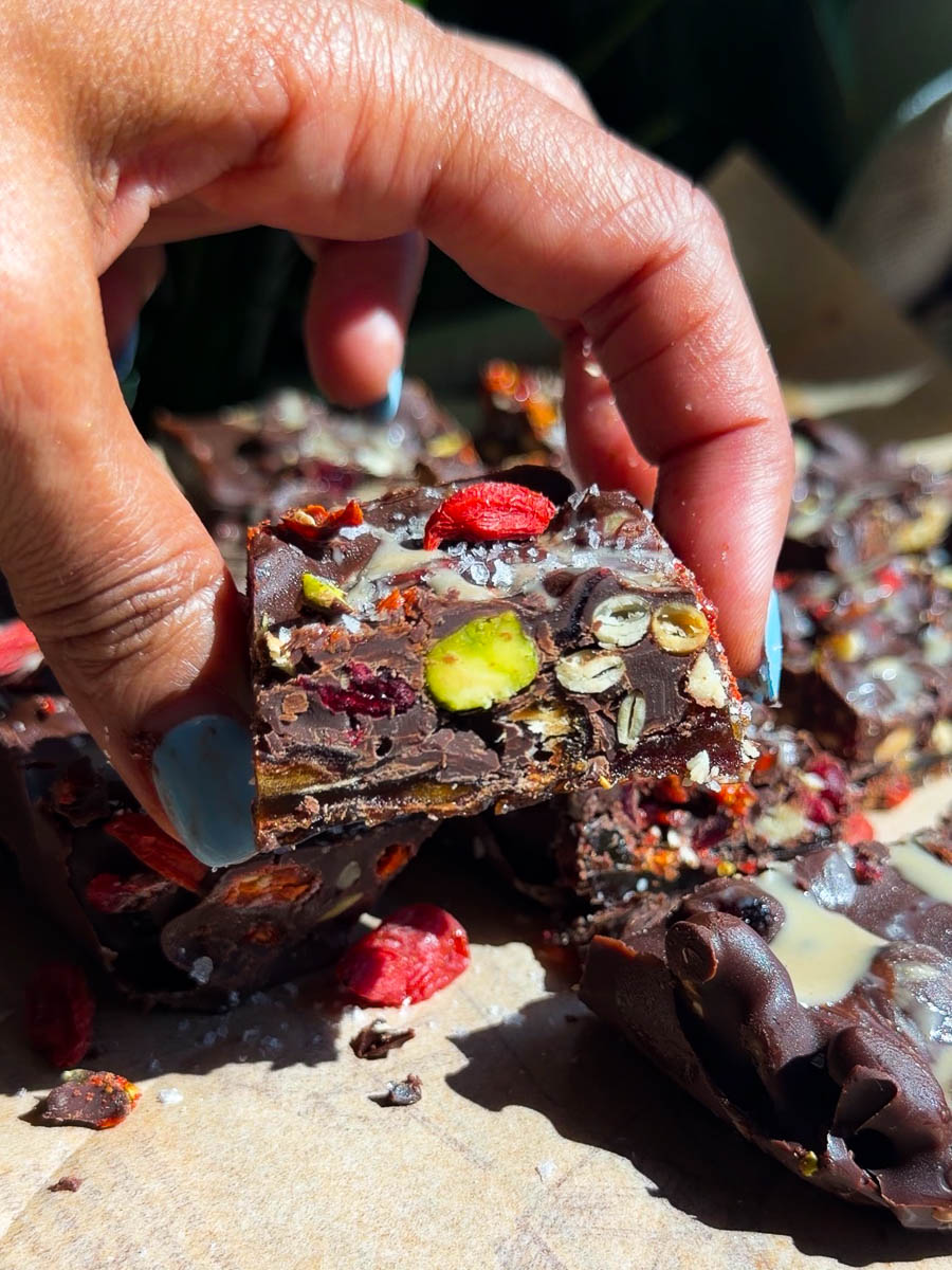 Hand holding a piece of chocolate tahini date bark with nuts and dried fruit.