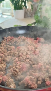 Ground beef cooking in a skillet with steam, surrounded by indoor plants.