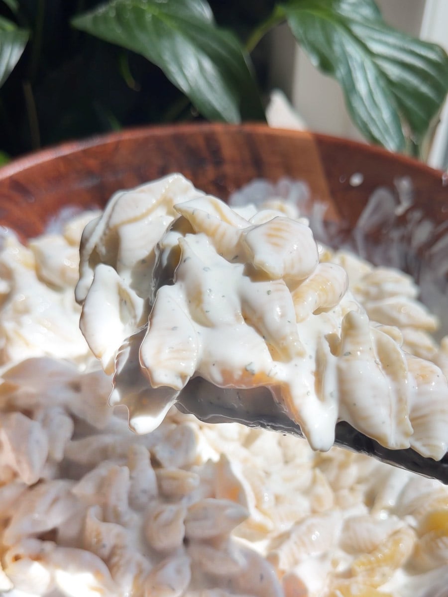 Creamy Lebanese Pasta in Yogurt Sauce in a wooden bowl with herbs, close-up on spoon.