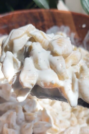 Creamy pasta shells with rich yogurt sauce in a wooden bowl served with a spoon.