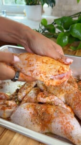 Person seasoning raw chicken with spices in a tray, preparing for cooking.