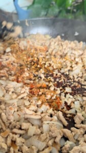 Cooking ground chicken with onions and spices in a skillet.