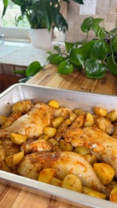 Baked chicken and potatoes in a roasting pan on a wooden counter with indoor plants in the background.