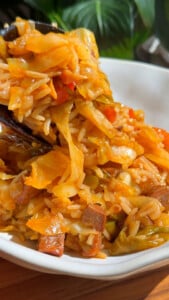 Close-up of a dish with rice, cabbage, and vegetables in a white bowl with vibrant colors.