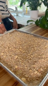 Baking tray with crumble topping.