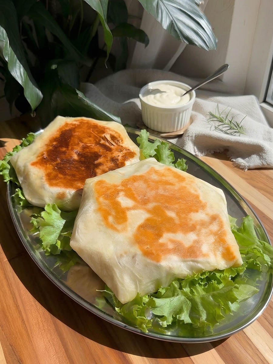 Chicken Caesar falafel crunchwrap with fresh lettuce, served with sauce on a wooden table.