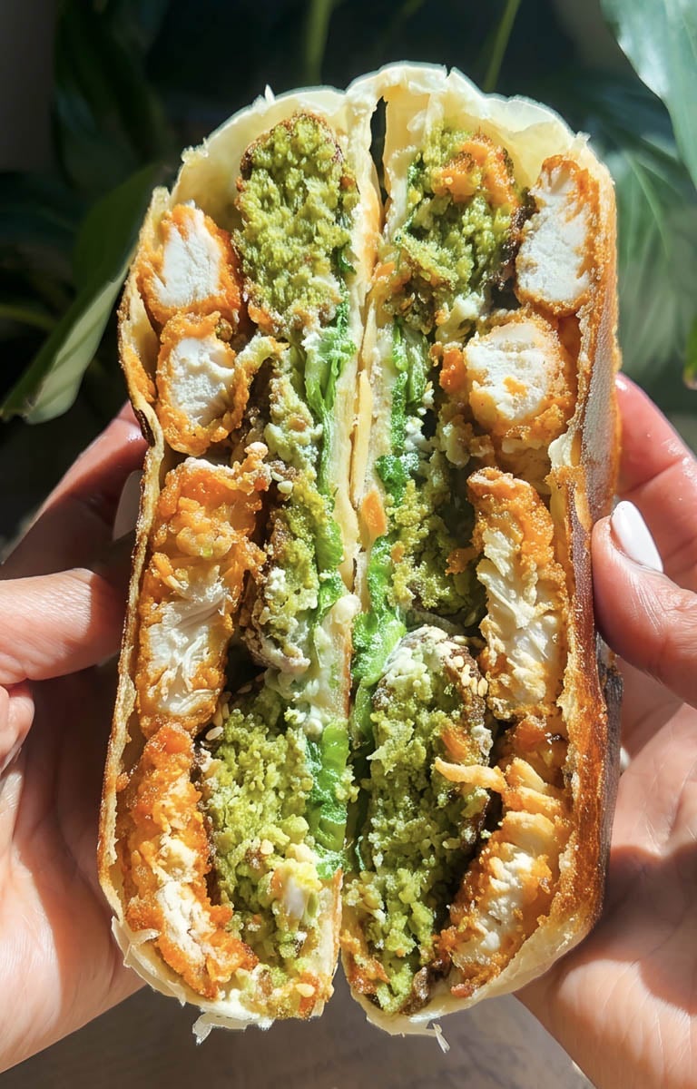 Close-up of chicken Caesar falafel crunchwrap held in hands.