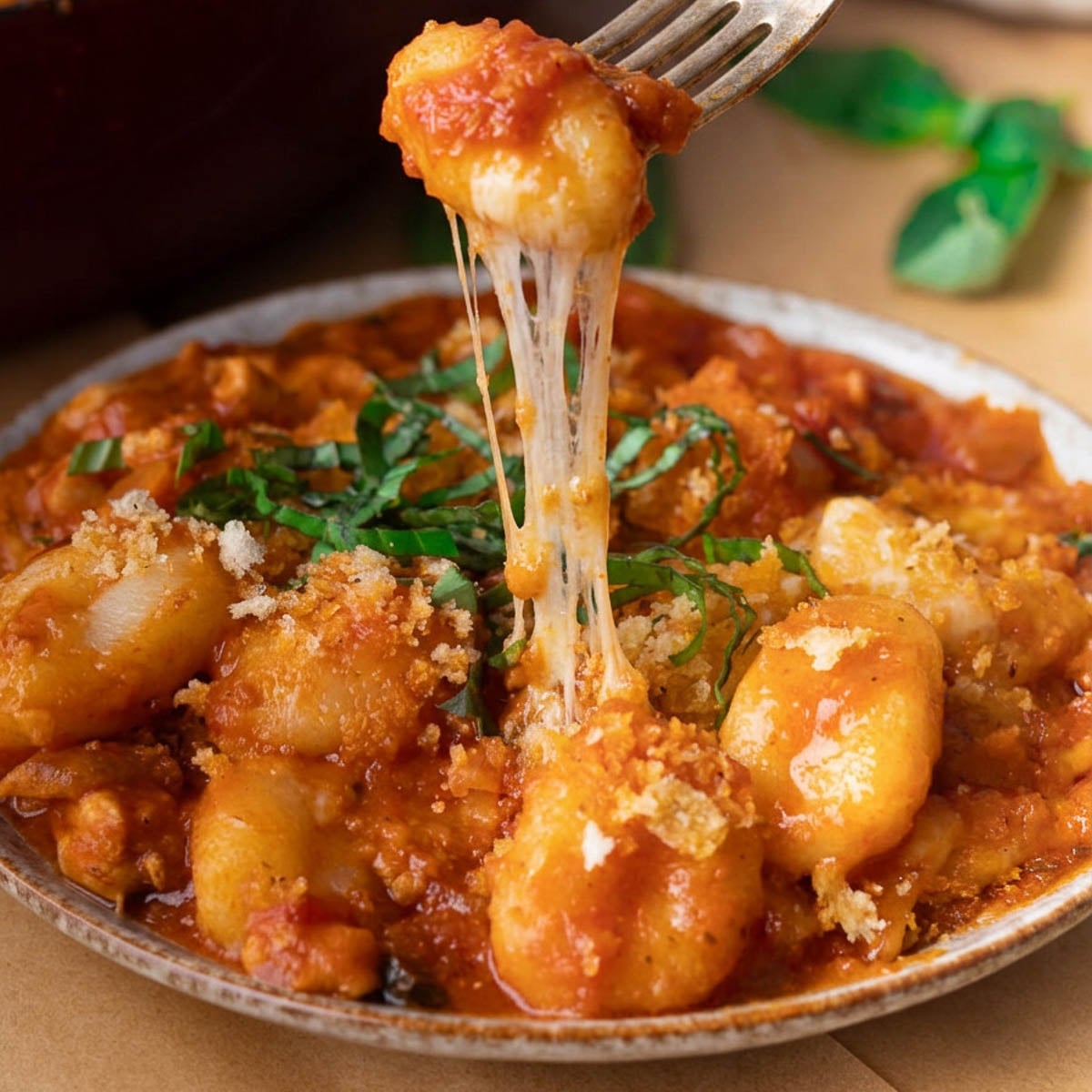 Cheesy gnocchi chicken parm with fresh basil and breadcrumbs on a fork.