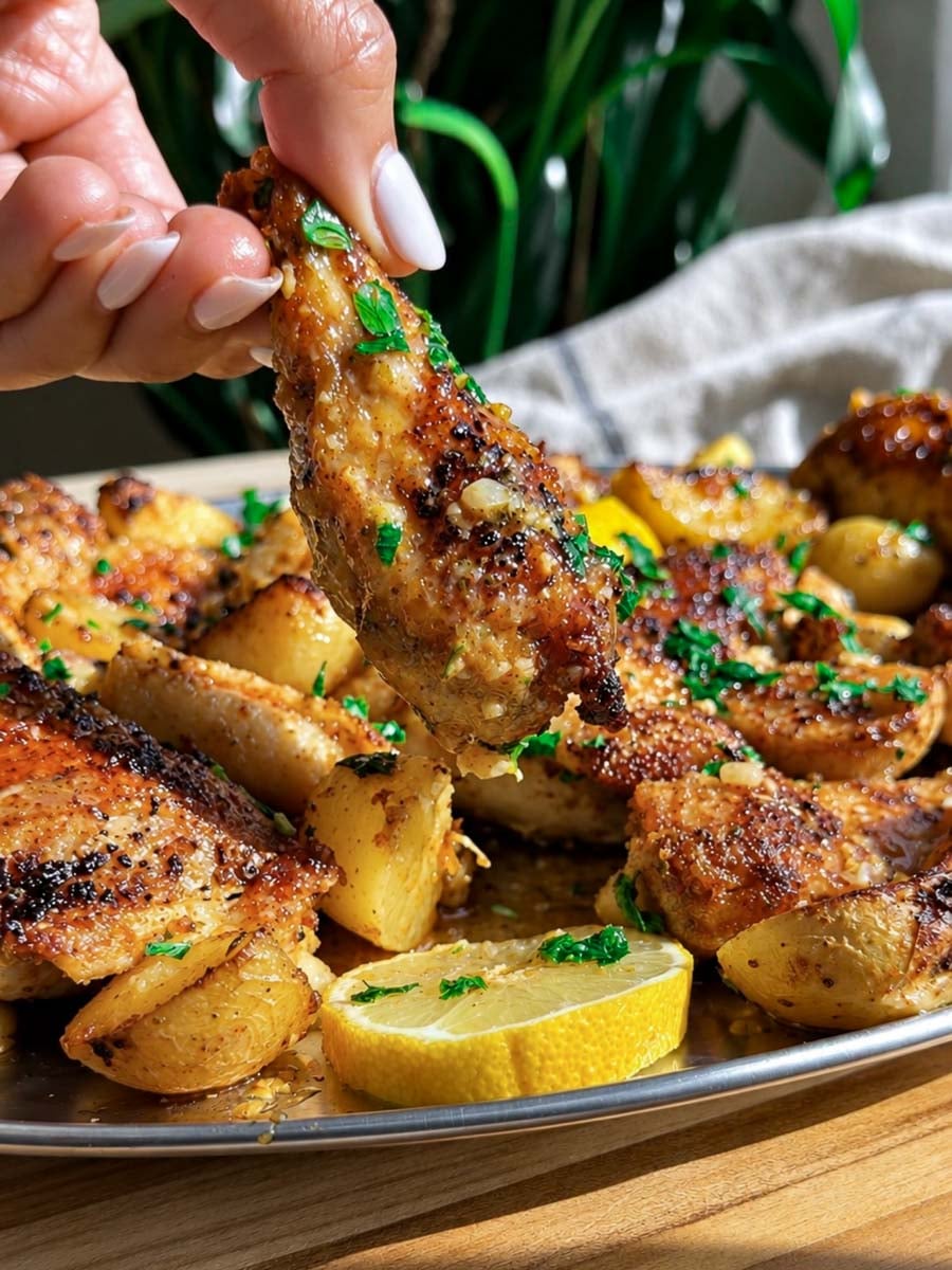 Lebanese garlic chicken and potatoes with lemon and herbs on a platter, hand holding a wing piece.