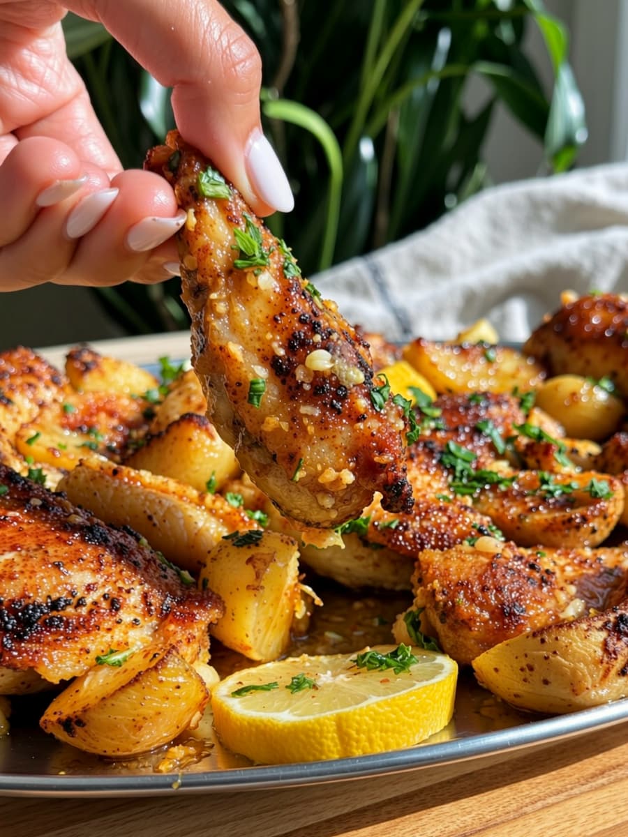 Person holding a crispy, seasoned chicken wing with roasted potatoes and lemon slices on a plate.