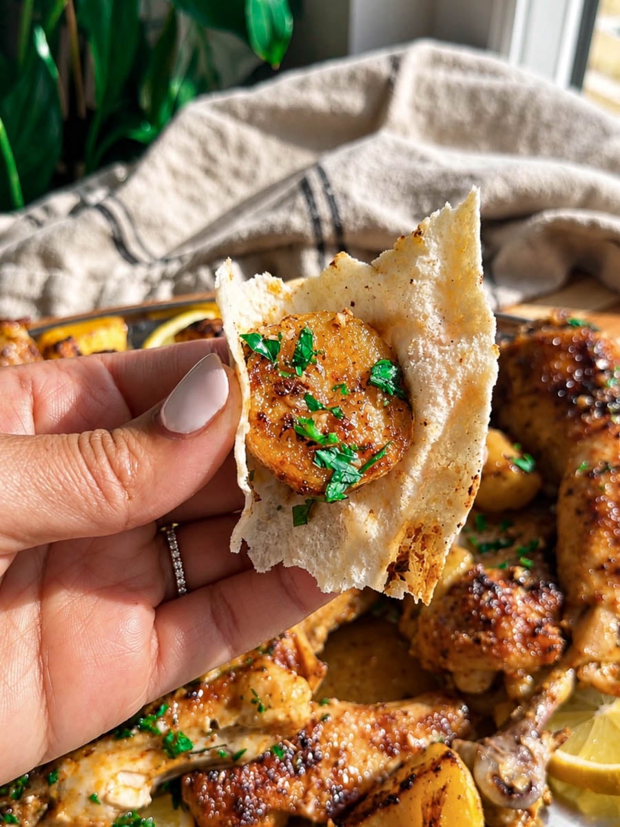 Grilled potato on pita bread garnished with parsley, held by hand over Lebanese garlic chicken and potatoes.