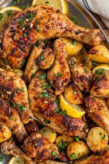 Roasted chicken with lemon and potatoes garnished with herbs on a platter.