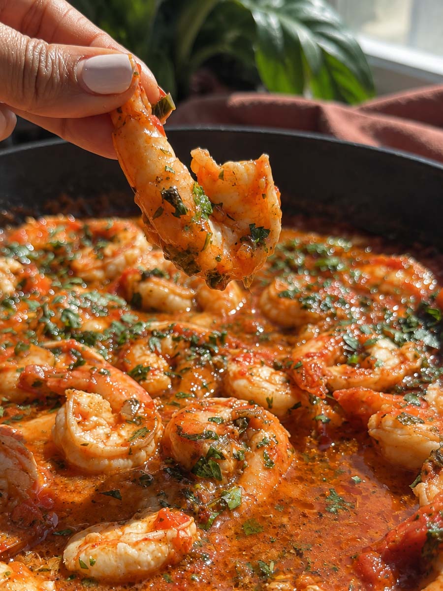 Shrimp provencal in tomato sauce with herbs in a pan, one being held, close-up.