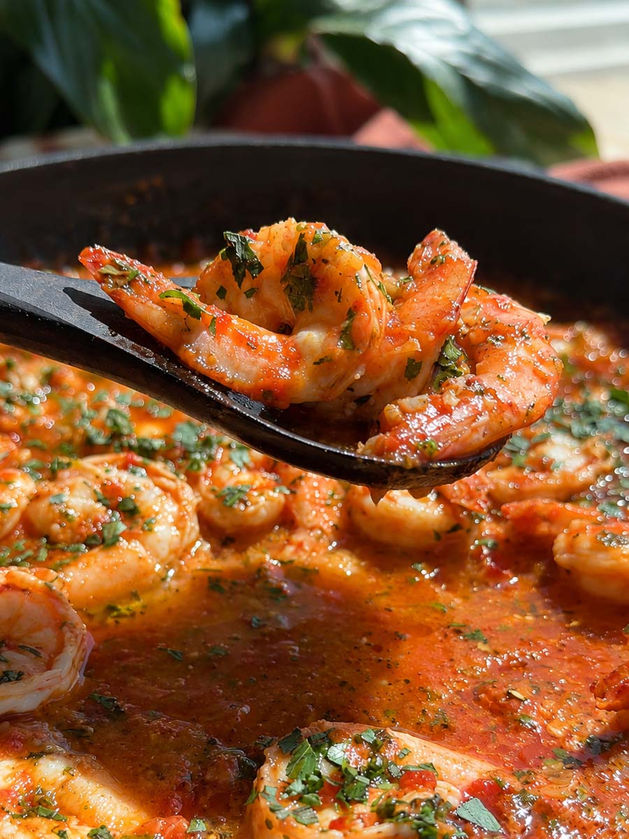 Shrimp provencal in tomato sauce with herbs in a pan, close-up view.