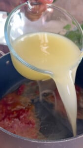 Water and bouillon being poured into a pot