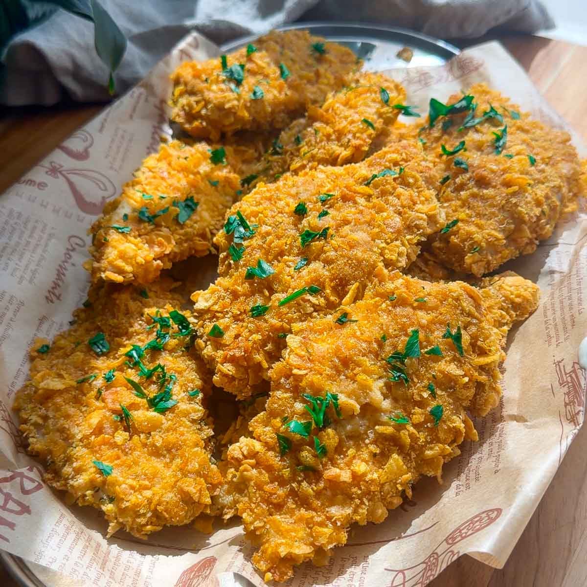 Crispy baked chicken tenders topped with chopped parsley on a tray.