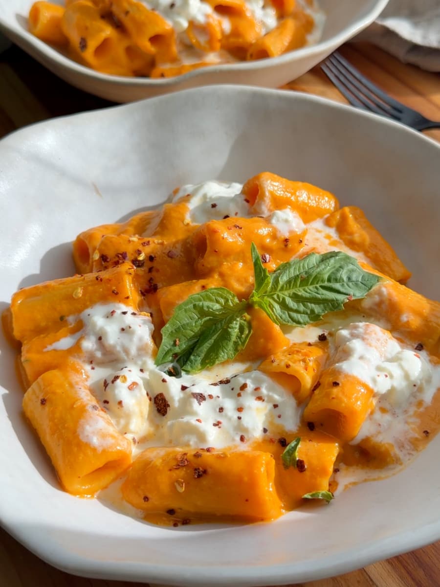 Rigatoni pasta in creamy veggie sauce with basil and red pepper flakes