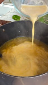 Pouring broth into a pot of simmering liquid.