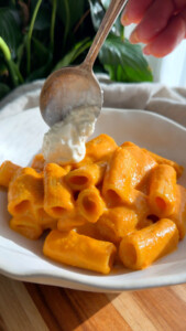 Creamy rigatoni pasta in pasta sauce topped with a spoonful of ricotta